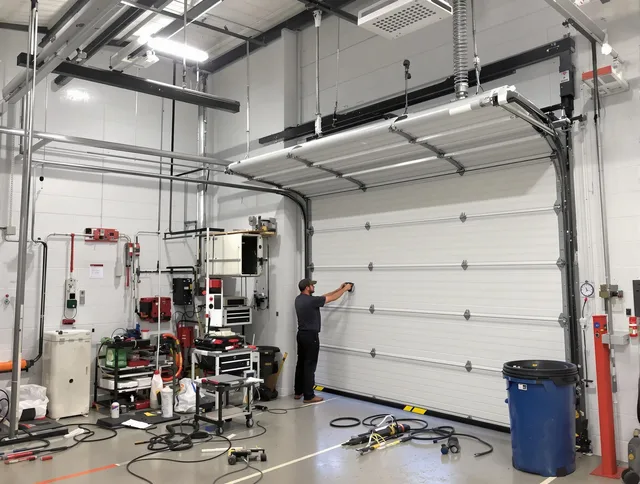 Brunswick Garage Door Repair certified technician performing commercial door repair at a Brunswick business facility