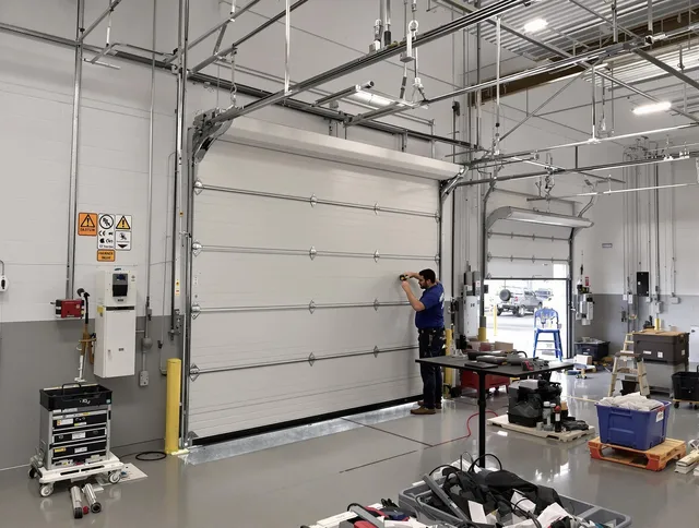Commercial garage door repair being performed by Brunswick Garage Door Repair expert in Brunswick