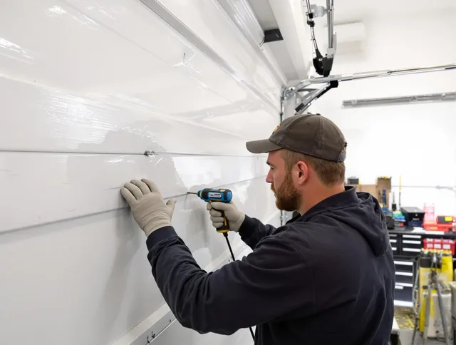 Brunswick Garage Door Repair technician demonstrating precision dent removal techniques on a Brunswick garage door