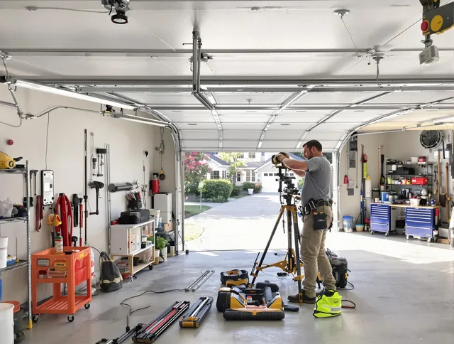 Brunswick Garage Door Repair specialist performing laser-guided track alignment in Brunswick